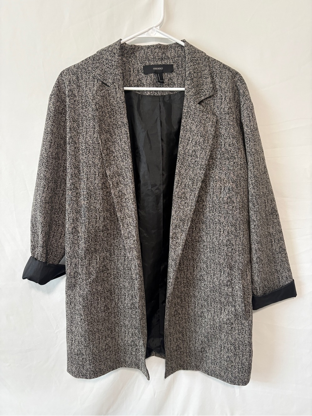 Forever 21 Gray Herringbone Longline Open Front Blazer